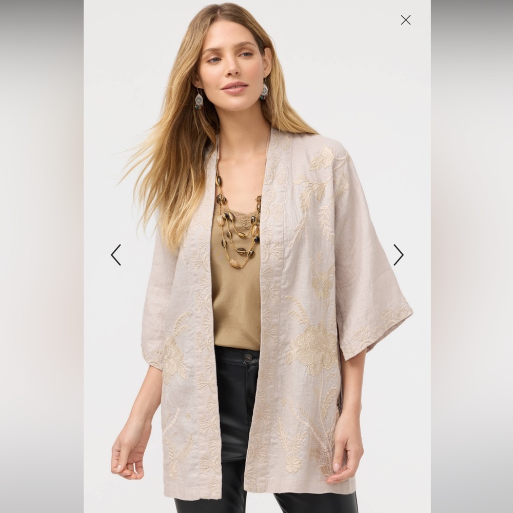Johnny Was Lara Linen Kimono Sand Beige Embroidery Size Small NWT